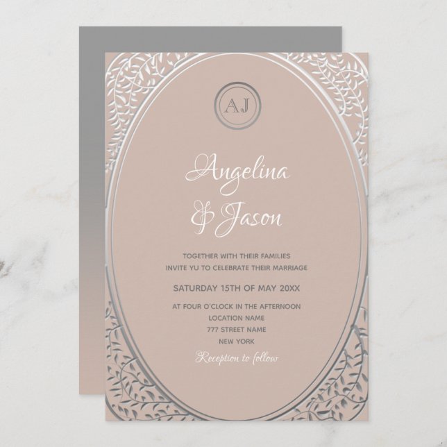 Blush Pink and Silver Monogram Wedding Invite (Front/Back)