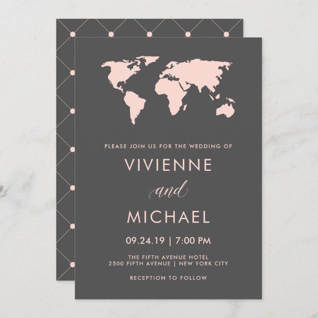 Blush Pink and Smoky Gray | World Map Wedding Invitation (Front/Back)
