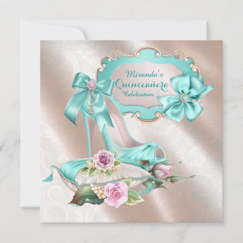 Blush Pink and Teal High Heel Shoe Quinceanera Invitation