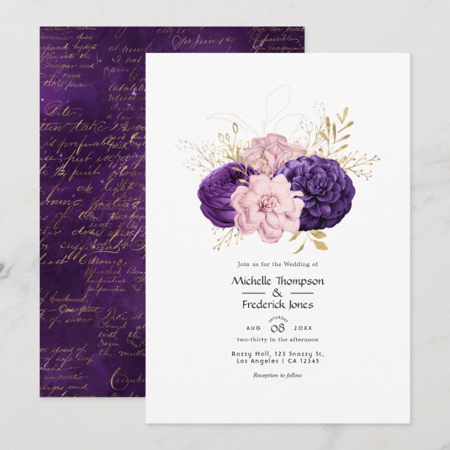 Blush Pink and Violet Floral Wedding Invitation (Front/Back)