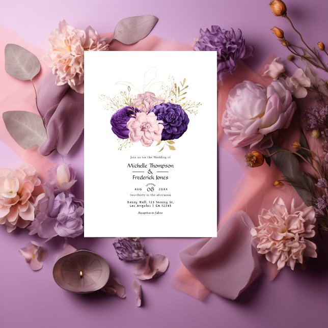 Blush Pink and Violet Floral Wedding Invitation (Creator Uploaded)