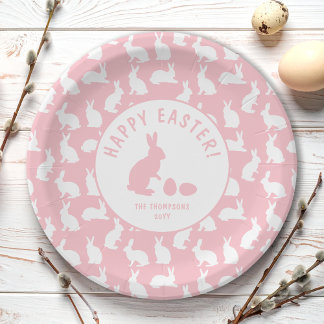 Blush Pink And White Bunny Pattern Happy Easter Paper Plates