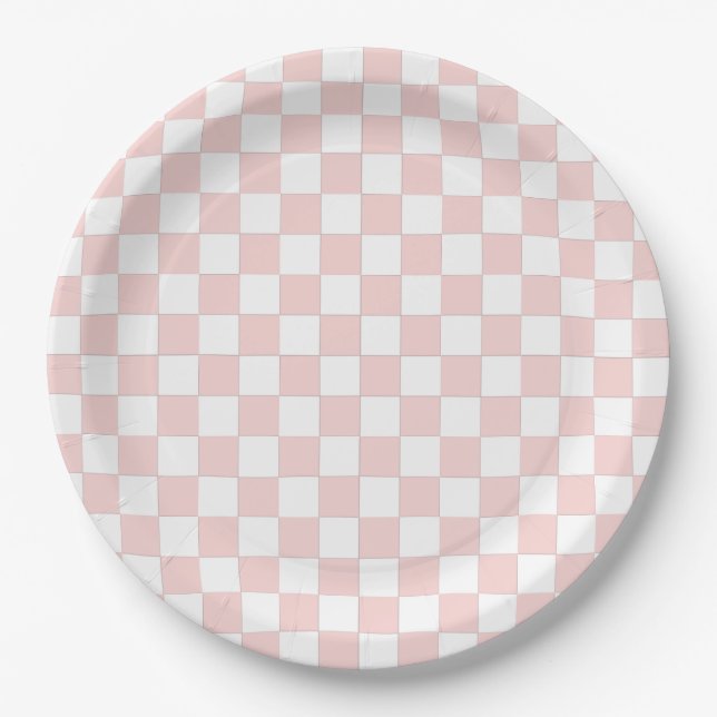 Blush Pink and White Checkered Paper Plates (Front)