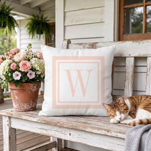 Blush Pink and White Classic Square Monogram Outdoor Pillow