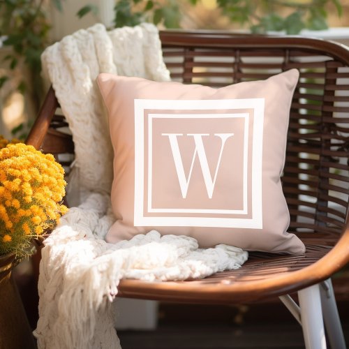 Blush Pink and White Classic Square Monogram Outdoor Pillow