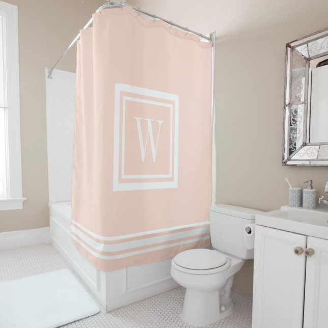 Blush Pink and White Classic Square Monogram Shower Curtain (In Situ)