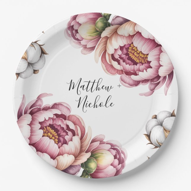 Blush Pink and White Cotton Wedding Paper Plates (Front)