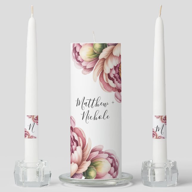 Blush Pink and White Cotton Wedding Unity Candle Set (Front)