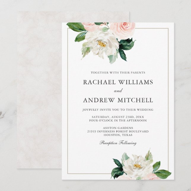 Blush Pink and White Elegant Floral Wedding Invitation (Front/Back)