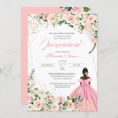 Blush Pink and White Floral Afrolatina Quinceanera Invitation
