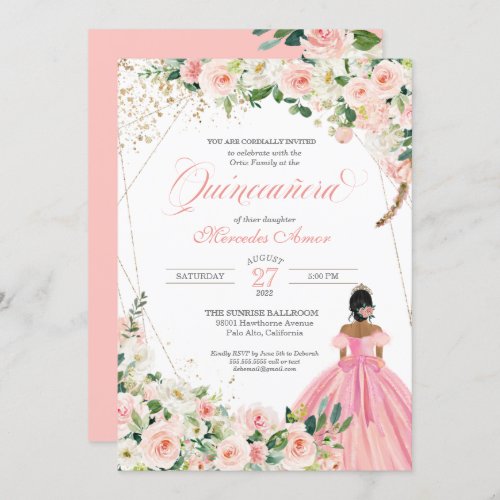 Blush Pink and White Floral Beautiful Quinceanera Invitation
