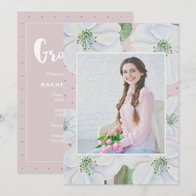 Blush Pink and White Floral Photo Graduation Party Invitation (Front/Back)
