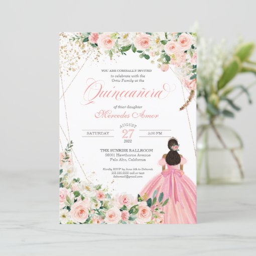 Blush Pink and White Floral Quinceanera Invitation | Zazzle