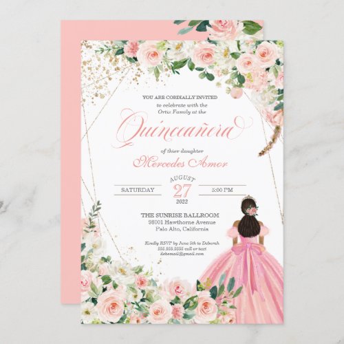 Blush Pink and White Floral Quinceanera Invitation