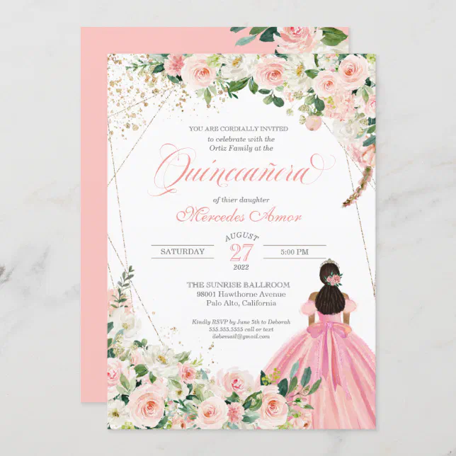 Blush Pink and White Floral Quinceanera Invitation | Zazzle