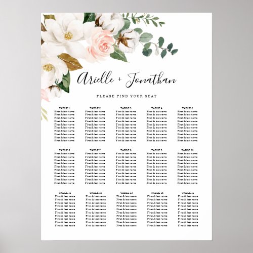 Blush Pink and White Floral Wedding Seating Chart - Designs features elegant magnolia, peony rose, eucalyptus, greenery and other watercolor elements in white, blush pink or pink peach and more. The greenery features shades of dark and light green colors with some elements featuring gold, antique gold and copper.