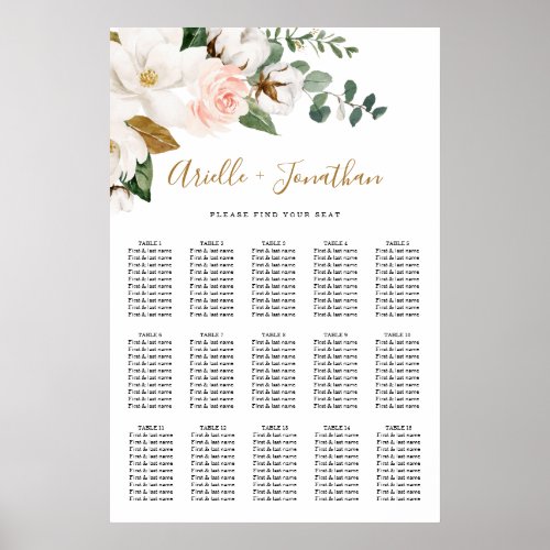 Blush Pink and White Floral Wedding Seating Chart - Designs features elegant magnolia, peony rose, eucalyptus, greenery and other watercolor elements in white, blush pink or pink peach and more. The greenery features shades of dark and light green colors with some elements featuring gold, antique gold and copper.