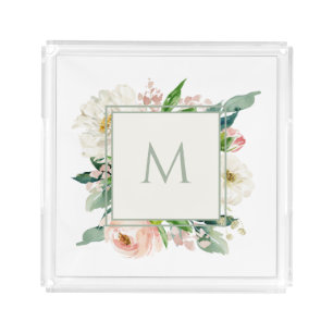 Blush Pink and White Floral with Monogram Acrylic Tray