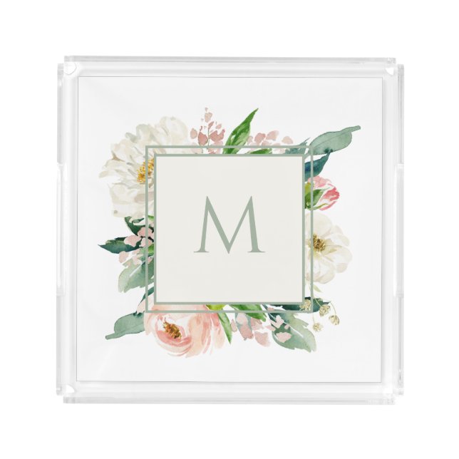 Blush Pink and White Floral with Monogram Acrylic Tray (Front)