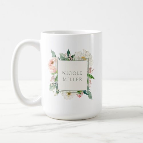 Blush Pink and White Floral with Name Coffee Mug