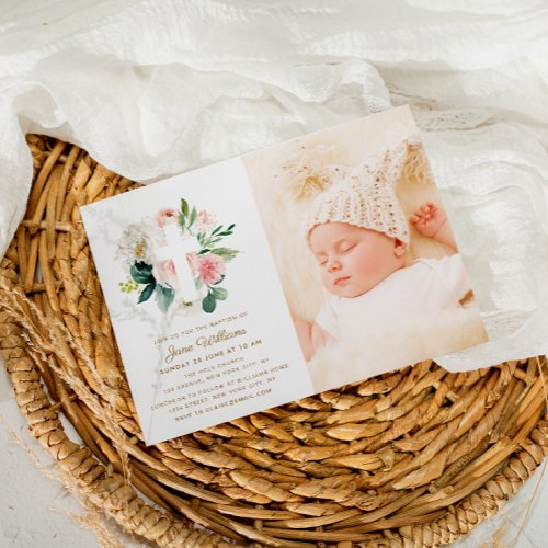 blush pink and white florals Baptism photo Invitation