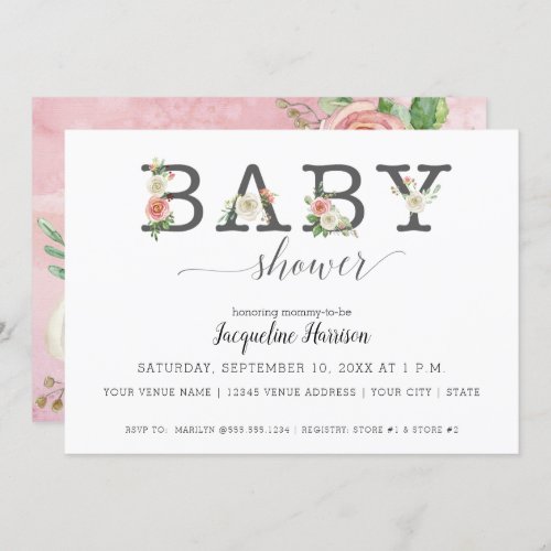Blush Pink and White Florals  Girl Baby Shower Invitation