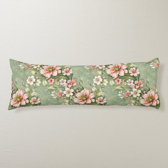 Blush Pink and White Flowers on Sage Body Pillow (Front)