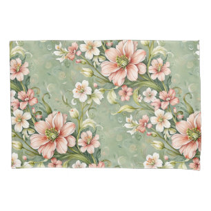 Blush Pink and White Flowers on Sage Pillow Case