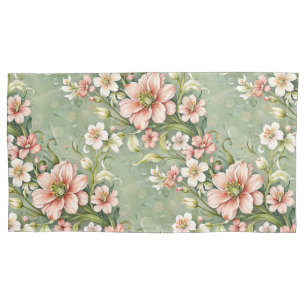 Blush Pink and White Flowers on Sage Pillow Case