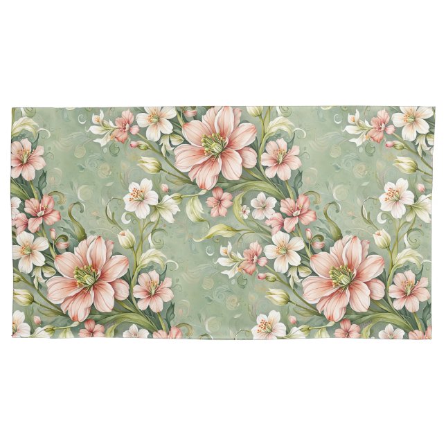Blush Pink and White Flowers on Sage Pillow Case (Front)