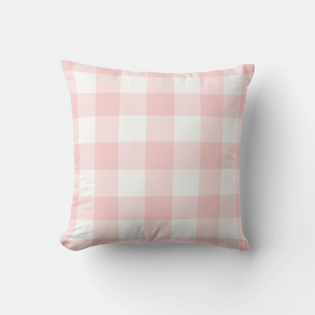 Blush Pink and White Gingham Pattern Checkered Outdoor Pillow (Front)
