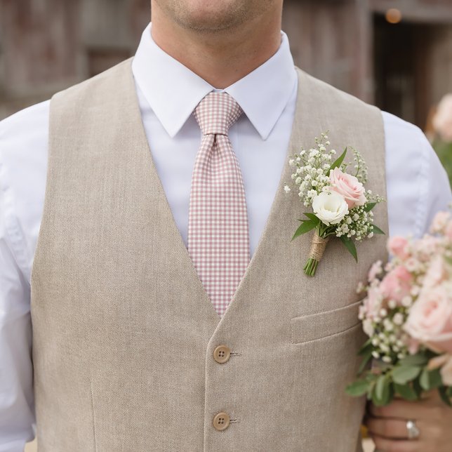 Blush Pink and White Gingham Plaid Pattern Neck Tie (A pink and white gingham tie.)