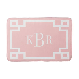 Blush Pink and White Greek Key Custom Monogram Bathroom Mat