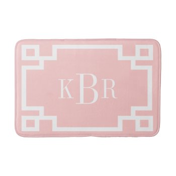 Blush Pink And White Greek Key Custom Monogram Bathroom Mat by cardeddesigns at Zazzle