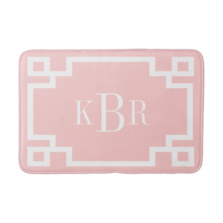 Blush Pink And White Greek Key Custom Monogram Bathroom Mat
