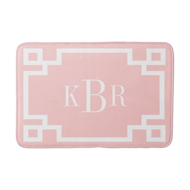 Blush Pink and White Greek Key Custom Monogram Bathroom Mat (Front)