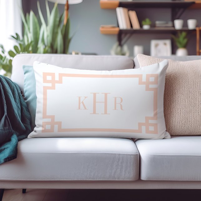 Blush Pink and White Greek Key | Monogrammed Lumbar Pillow (Creator Uploaded)