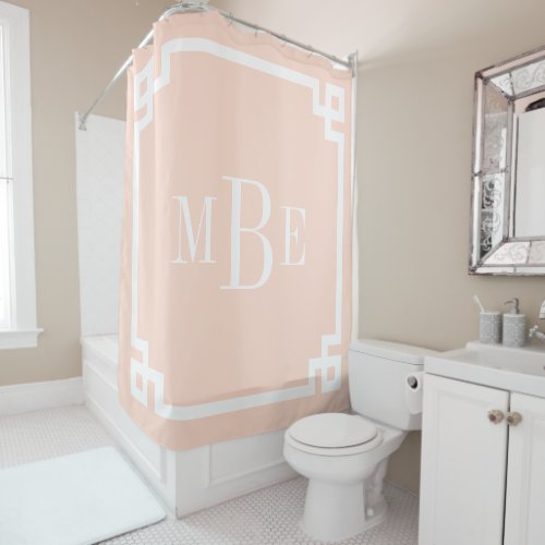 Blush Pink and White Greek Key  Monogrammed Shower Curtain