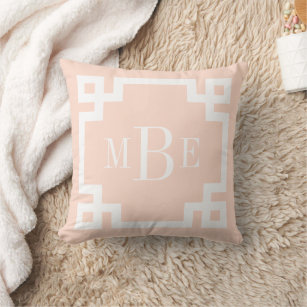 Blush Pink and White Greek Key   Monogrammed Throw Pillow