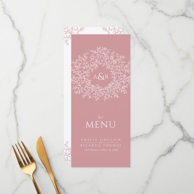 Blush pink and white leaf drawing monogram wedding menu (Front/Back In Situ)