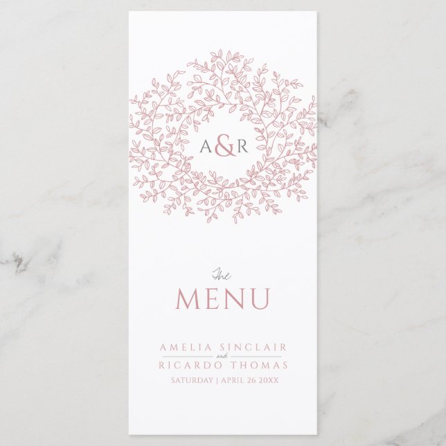 Blush pink and white leaf drawing monogram wedding menu (Front)