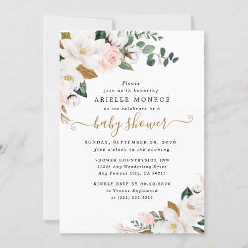 Blush Pink and White Magnolia Floral Baby Shower Invitation - Designs features elegant magnolia, peony rose, eucalyptus, greenery and other watercolor elements in white, blush pink or pink peach and more. The greenery features shades of dark and light green colors with some elements featuring printed gold, antique gold and copper.