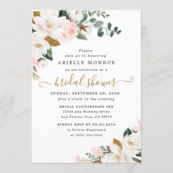 Blush Pink And White Magnolia Floral Bridal Shower Invitation by RusticWeddings at Zazzle