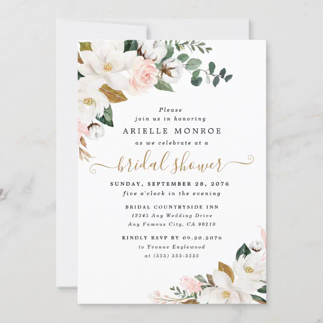 Blush Pink and White Magnolia Floral Bridal Shower Invitation | Zazzle