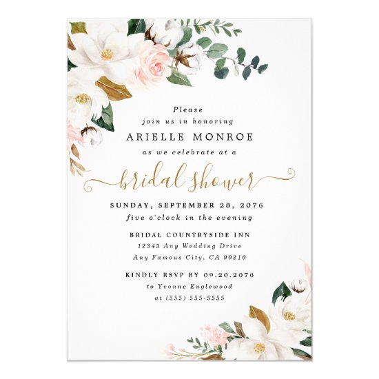 Blush Pink and White Magnolia Floral Bridal Shower Invitation