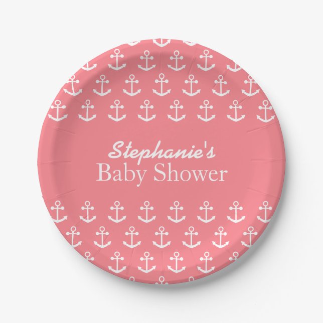 Blush Pink and White Nautical Anchor Baby Shower Paper Plates (Front)