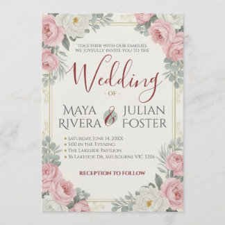 Blush Pink and White Rose Vintage Floral Wedding Invitation