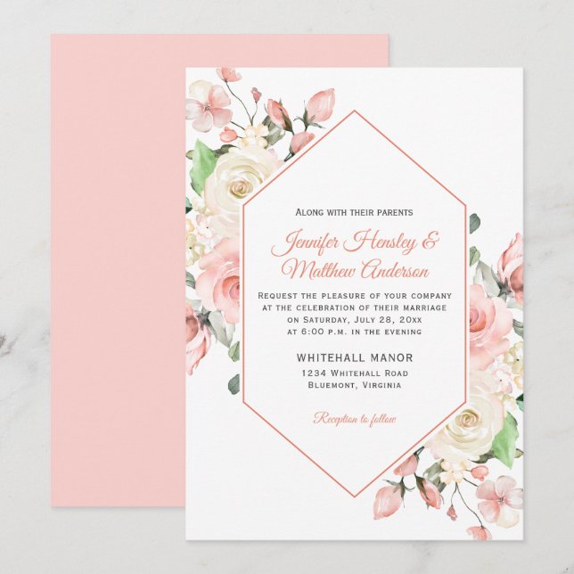 Blush Pink and White Roses Frame Wedding Invitation (Front/Back)