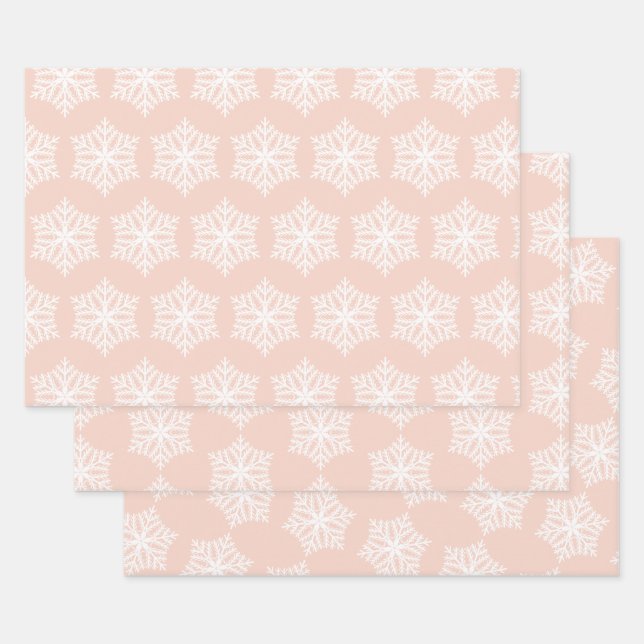 Blush Pink and White Snowflakes Christmas Wrapping Paper Sheets (Set)