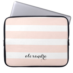 Blush Pink and White Stripes Name in Calligraphy Laptop Sleeve